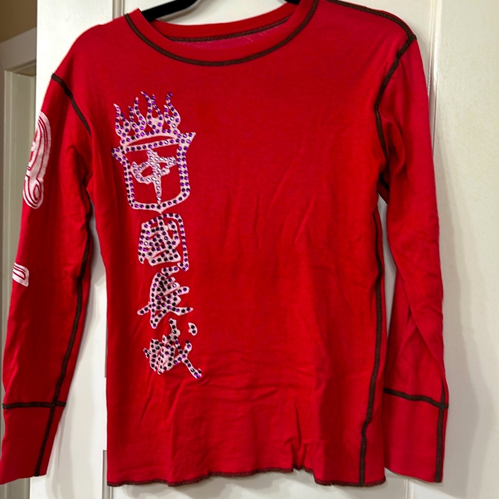 The Great China Wall Trucker Long sleeve, Red Medium with Swarovski crystals.